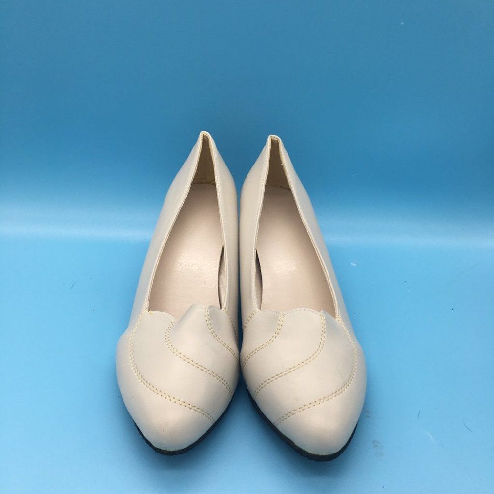 Beige Women Closed Round Toe Pumps Low Heels Shoes